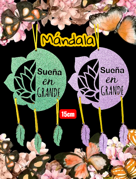 MANDALA MINI 15CM  DE FIBROFACIL CON PAPEL GLITER BRILLOSO